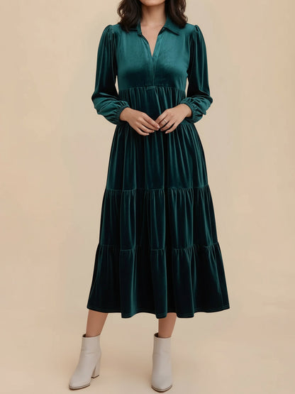 Elegant Velvet Maxi Dress for Women with V-Neck Long Sleeve Empire Waist Style
