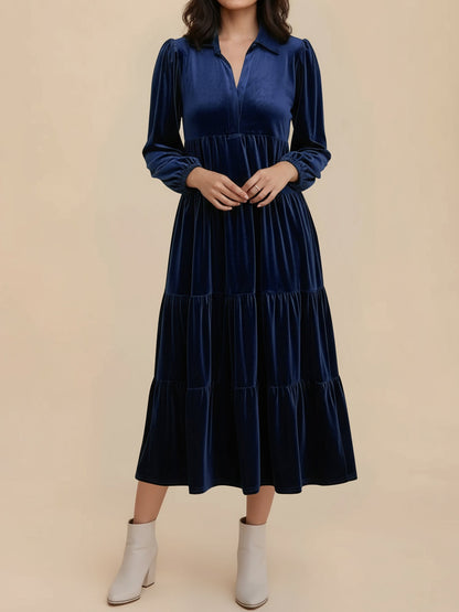 Elegant Velvet Maxi Dress for Women with V-Neck Long Sleeve Empire Waist Style