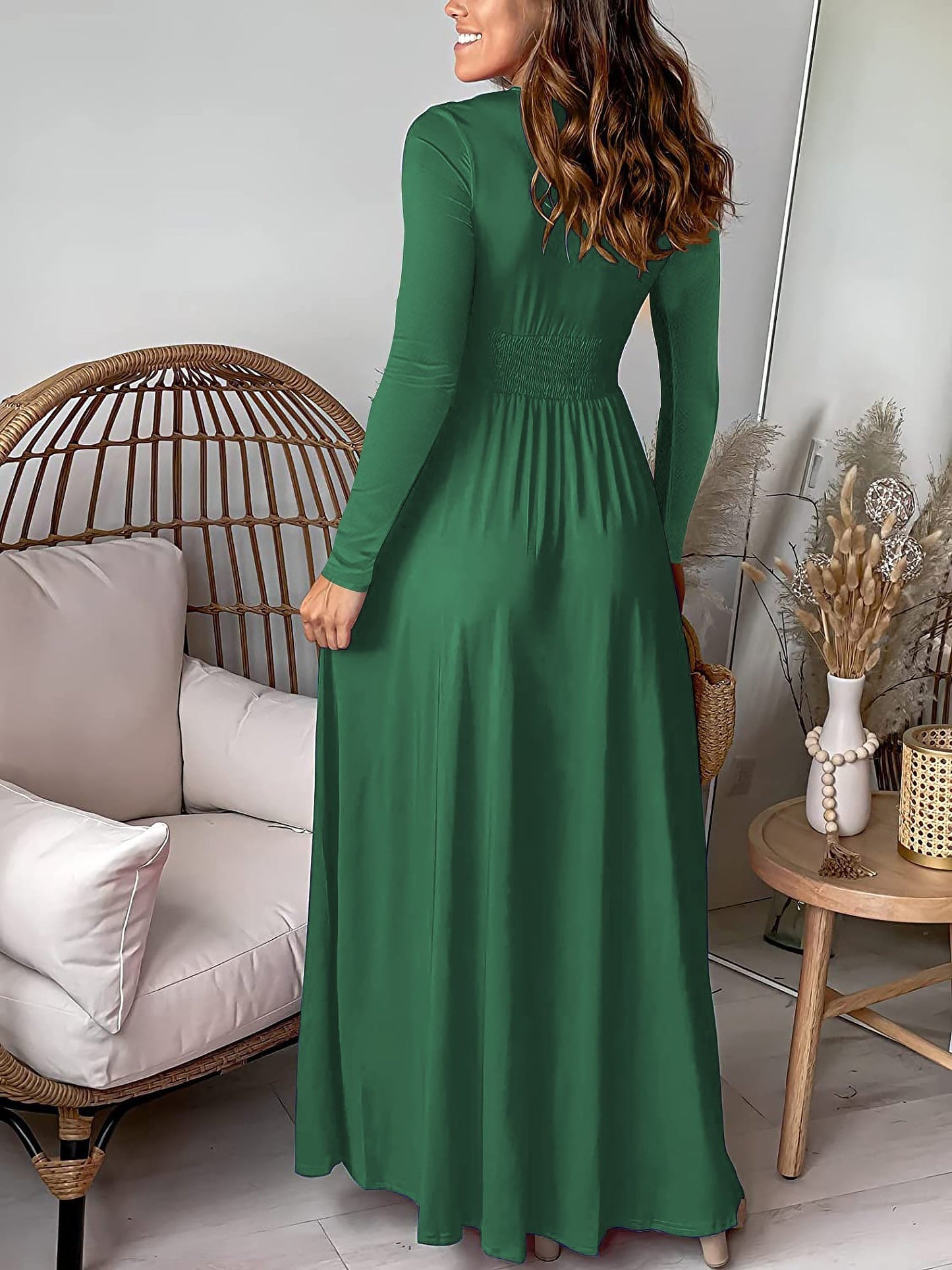 Elegant Wrap Maxi Dress for Women with V-Neck Long Sleeve Front Slit Style