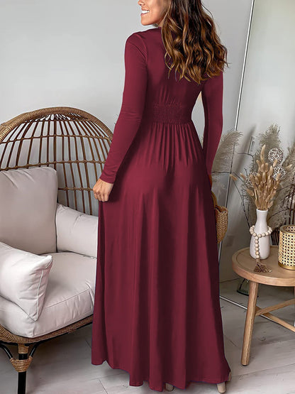 Elegant Wrap Maxi Dress for Women with V-Neck Long Sleeve Front Slit Style
