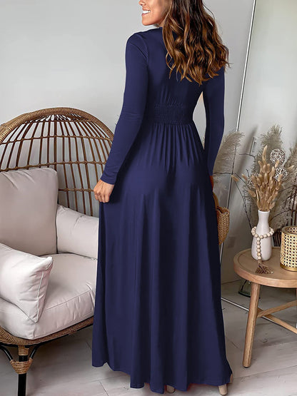 Elegant Wrap Maxi Dress for Women with V-Neck Long Sleeve Front Slit Style