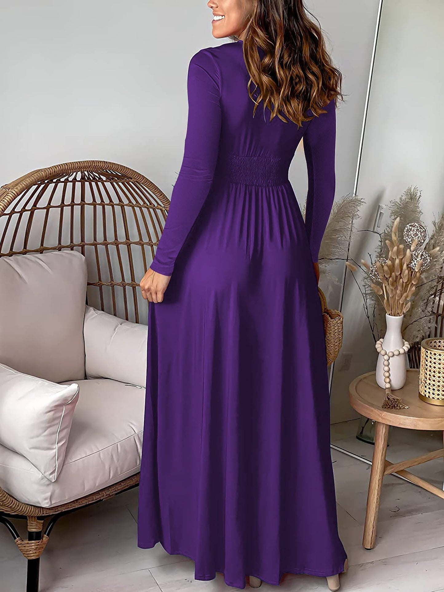 Elegant Wrap Maxi Dress for Women with V-Neck Long Sleeve Front Slit Style