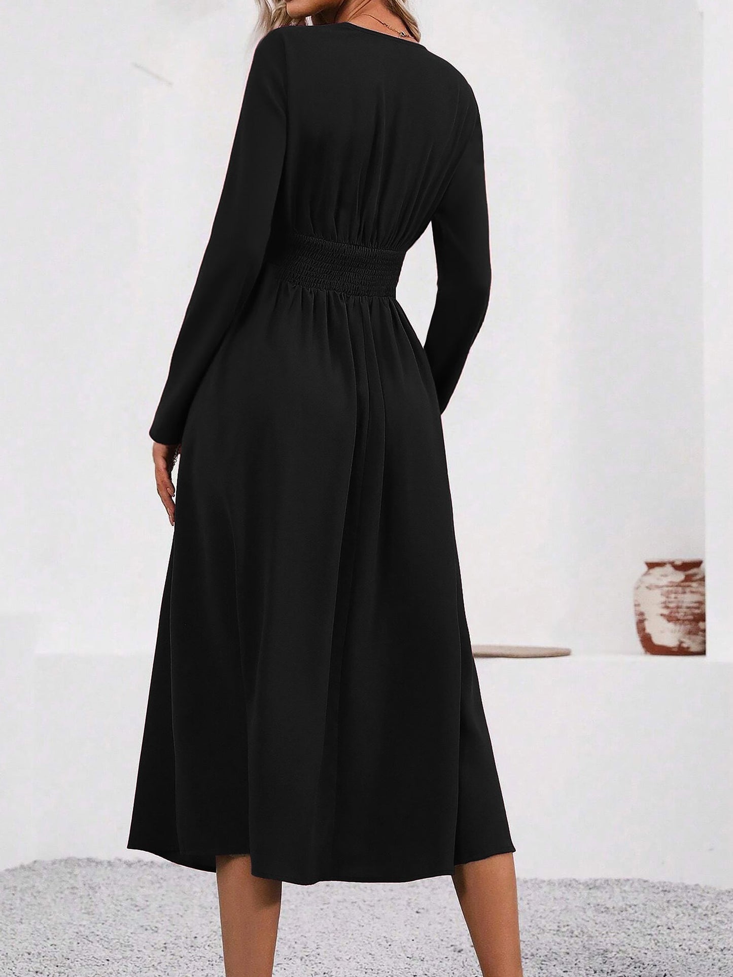Elegant Wrap Midi Dress for Women with V-Neck Long Sleeve Asymmetric Hem Style