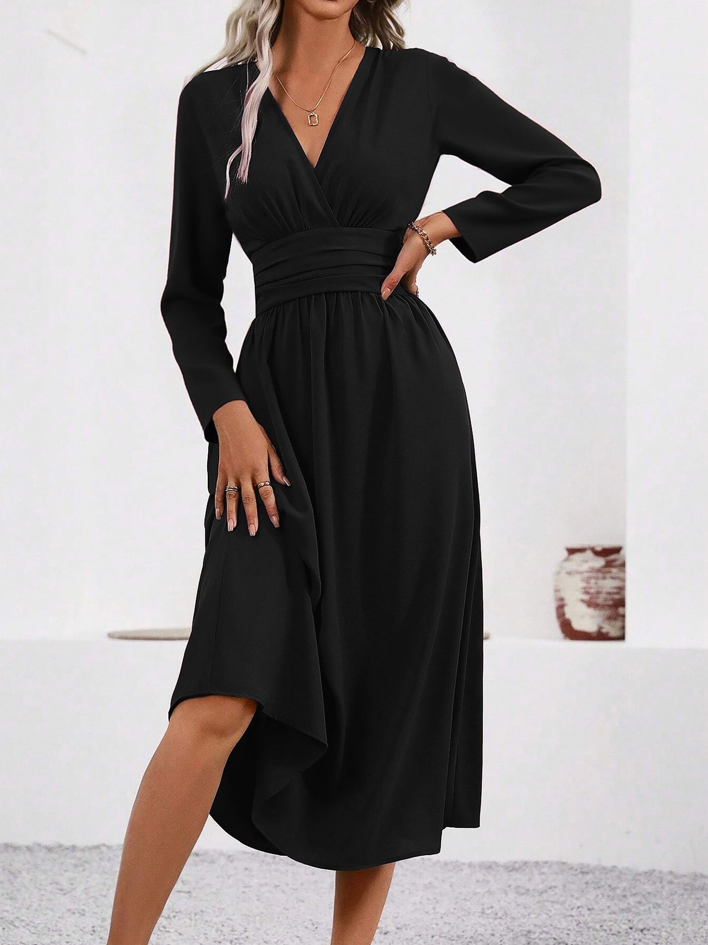 Elegant Wrap Midi Dress for Women with V-Neck Long Sleeve Asymmetric Hem Style