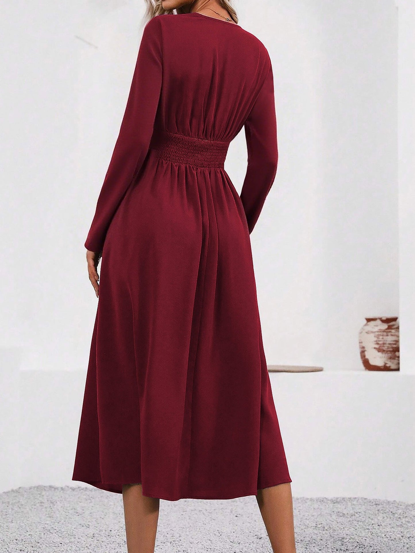 Elegant Wrap Midi Dress for Women with V-Neck Long Sleeve Asymmetric Hem Style