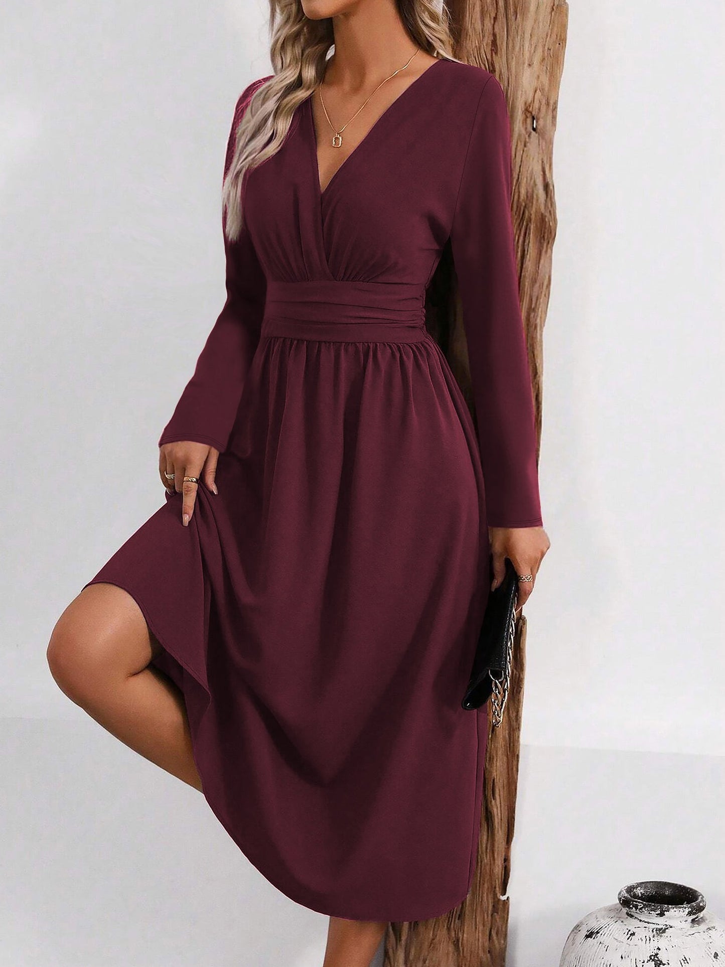 Elegant Wrap Midi Dress for Women with V-Neck Long Sleeve Asymmetric Hem Style