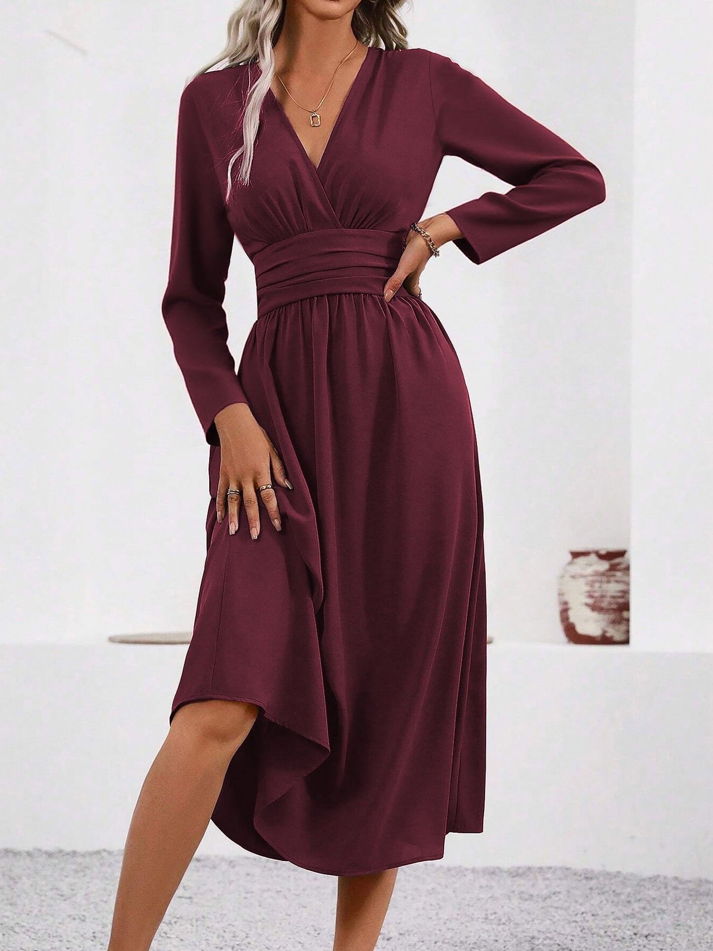 Elegant Wrap Midi Dress for Women with V-Neck Long Sleeve Asymmetric Hem Style
