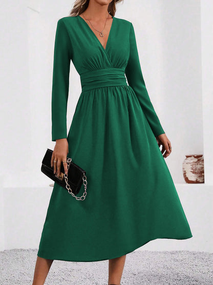 Elegant Wrap Midi Dress for Women with V-Neck Long Sleeve Asymmetric Hem Style