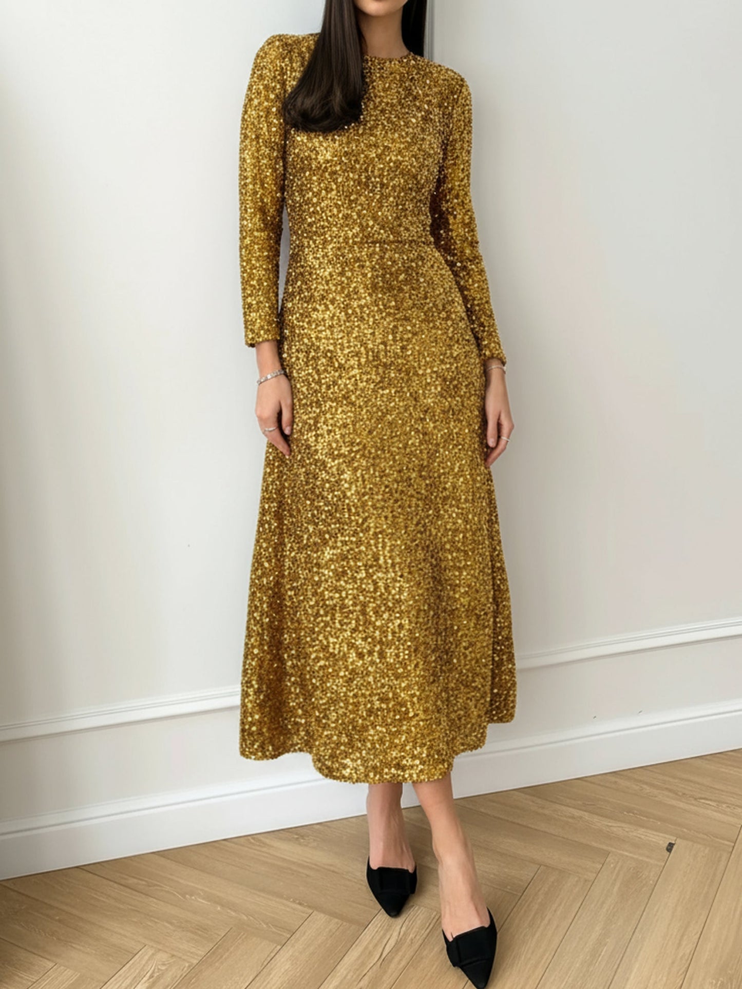 Elegant Sequin Maxi Dress for Women with Mock Neck Long Sleeve Fitted Style