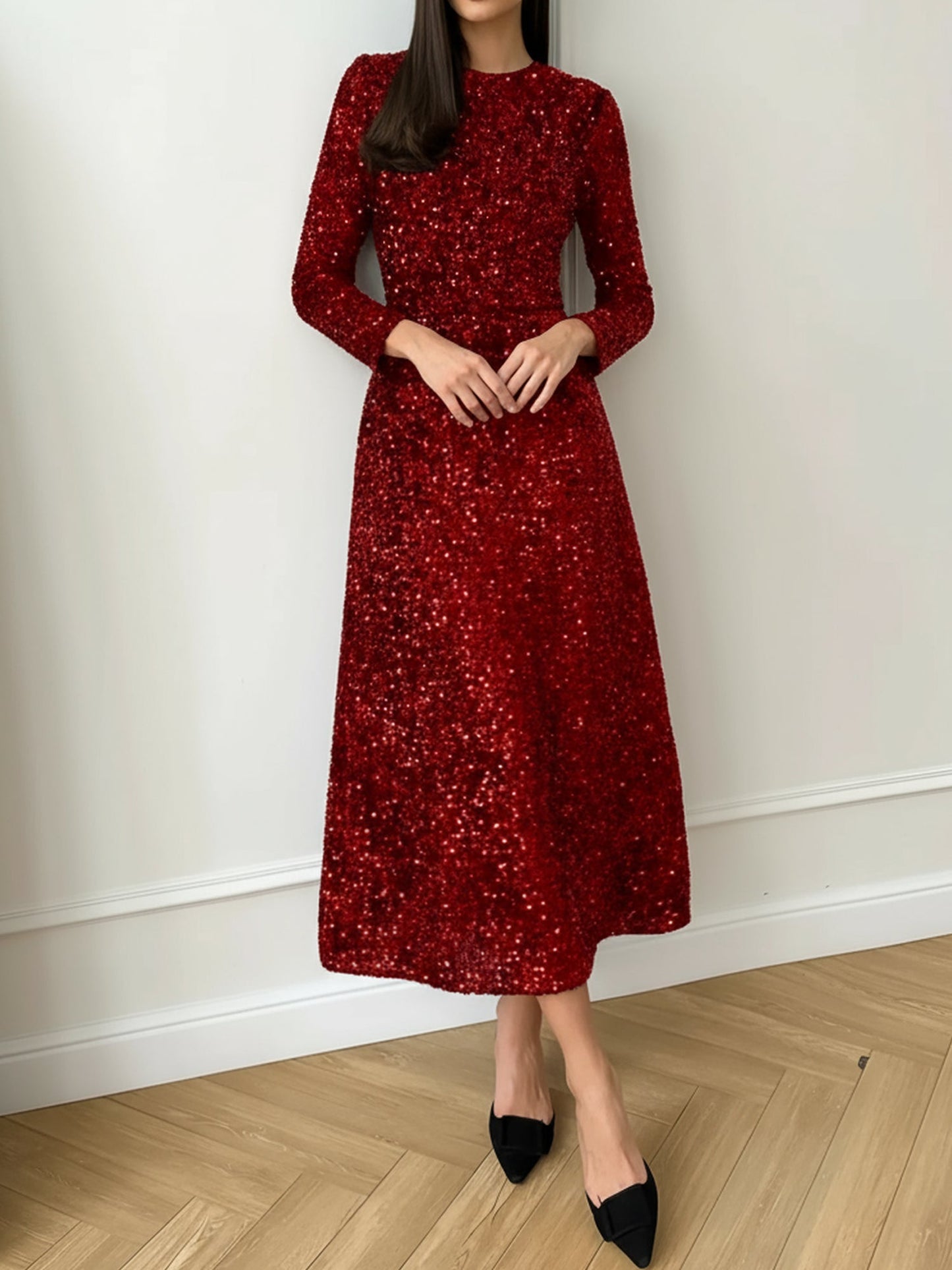 Elegant Sequin Maxi Dress for Women with Mock Neck Long Sleeve Fitted Style