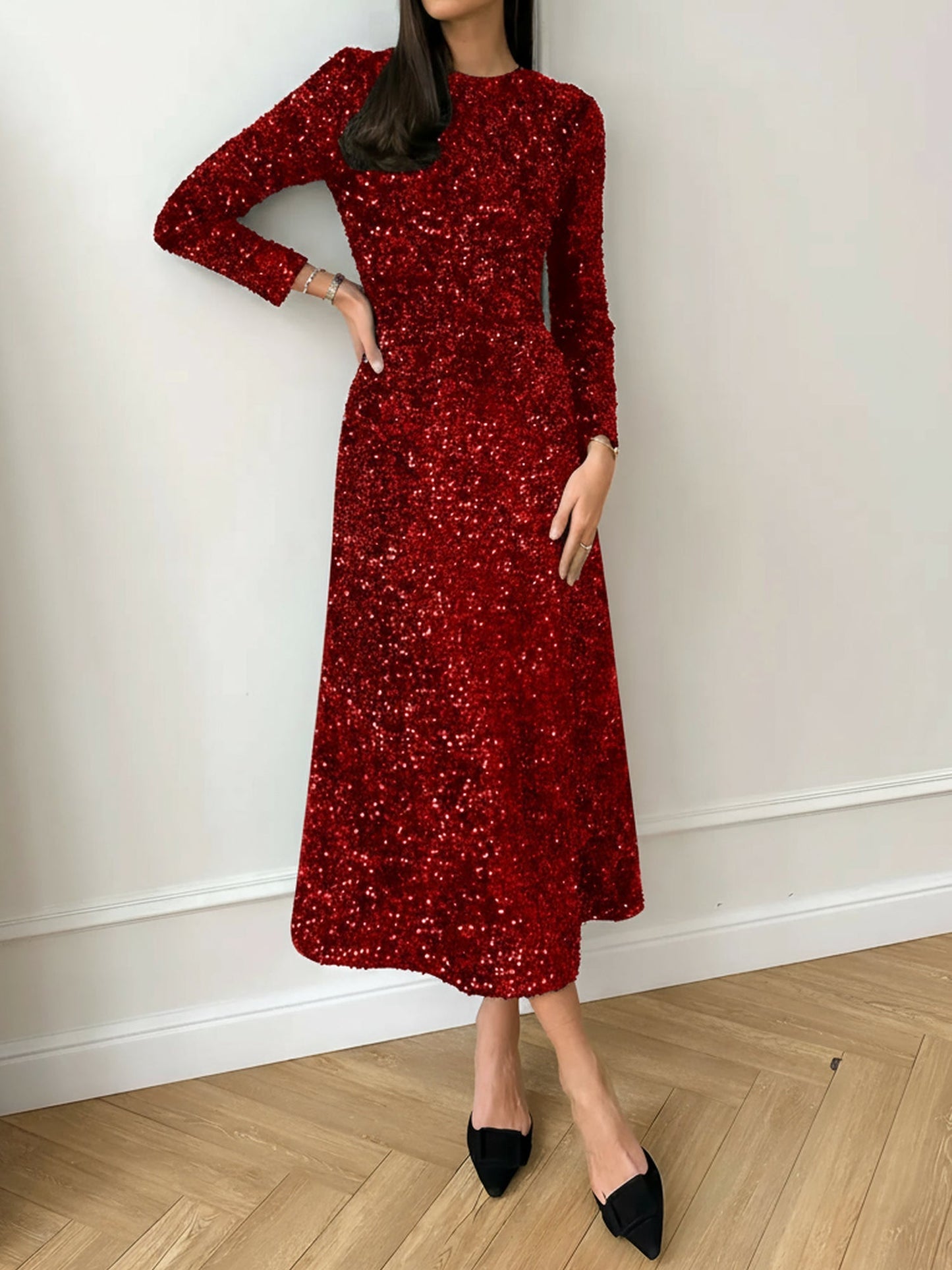 Elegant Sequin Maxi Dress for Women with Mock Neck Long Sleeve Fitted Style