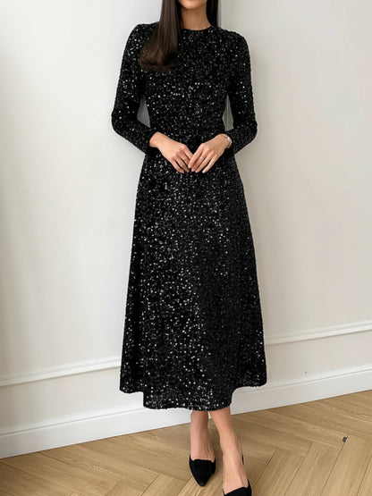 Elegant Sequin Maxi Dress for Women with Mock Neck Long Sleeve Fitted Style
