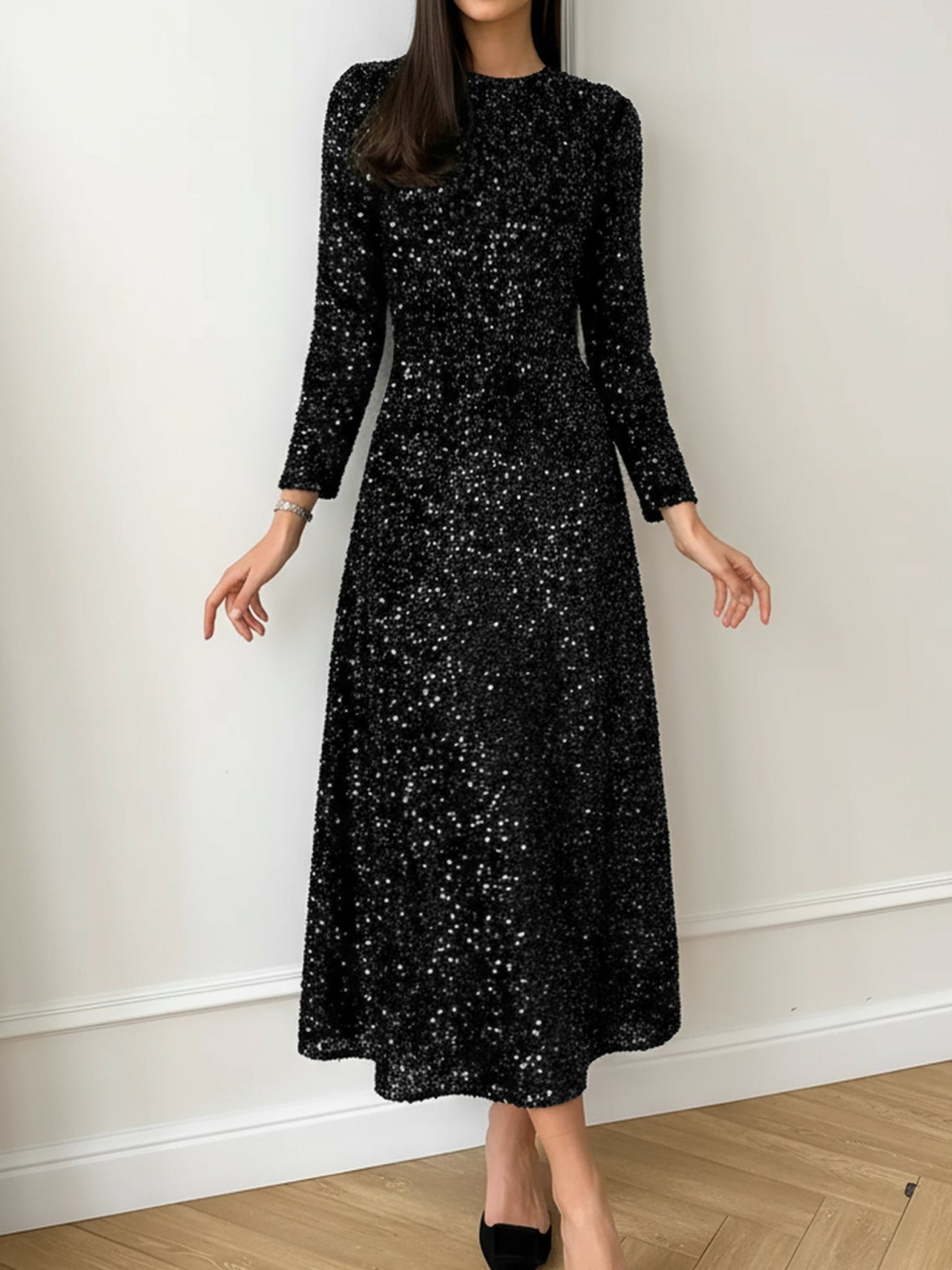 Elegant Sequin Maxi Dress for Women with Mock Neck Long Sleeve Fitted Style