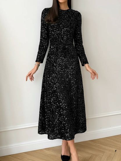 Elegant Sequin Maxi Dress for Women with Mock Neck Long Sleeve Fitted Style