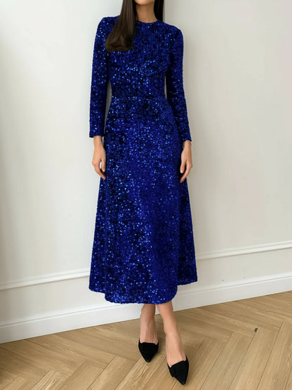 Elegant Sequin Maxi Dress for Women with Mock Neck Long Sleeve Fitted Style