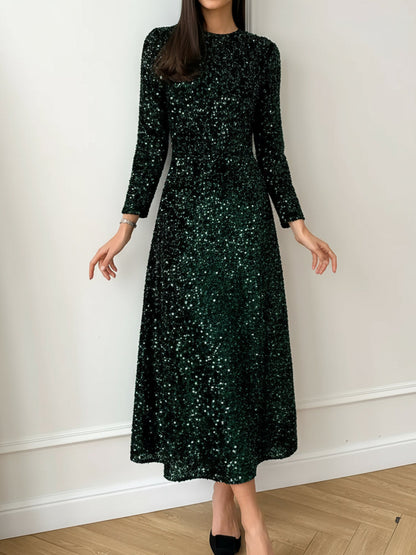 Elegant Sequin Maxi Dress for Women with Mock Neck Long Sleeve Fitted Style