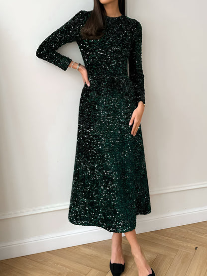 Elegant Sequin Maxi Dress for Women with Mock Neck Long Sleeve Fitted Style
