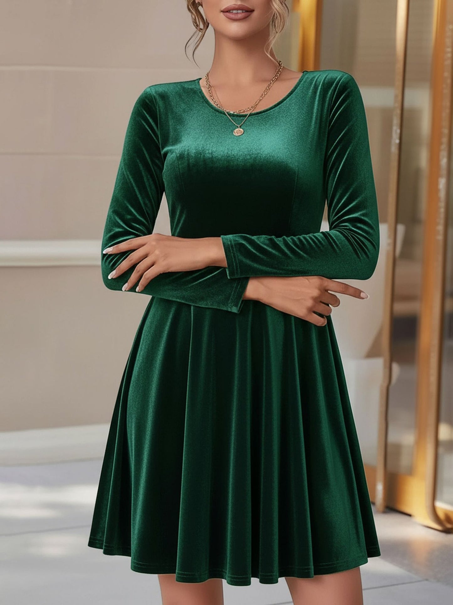 Elegant Velvet Fit And Flare Dress for Women with Round Neck Long Sleeve Style