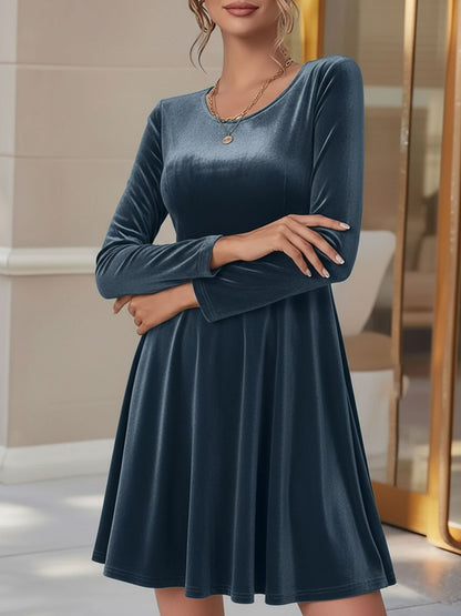 Elegant Velvet Fit And Flare Dress for Women with Round Neck Long Sleeve Style