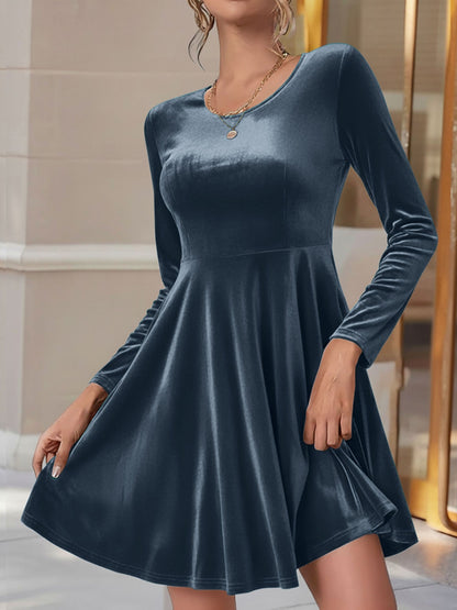 Elegant Velvet Fit And Flare Dress for Women with Round Neck Long Sleeve Style