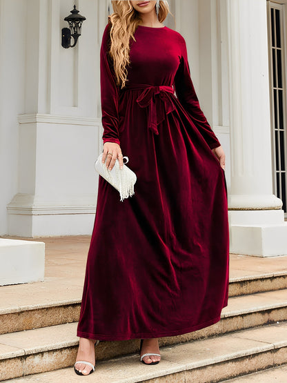 Elegant Velvet Maxi Dress for Women with Boat Neck Long Sleeve Belted Waist Style