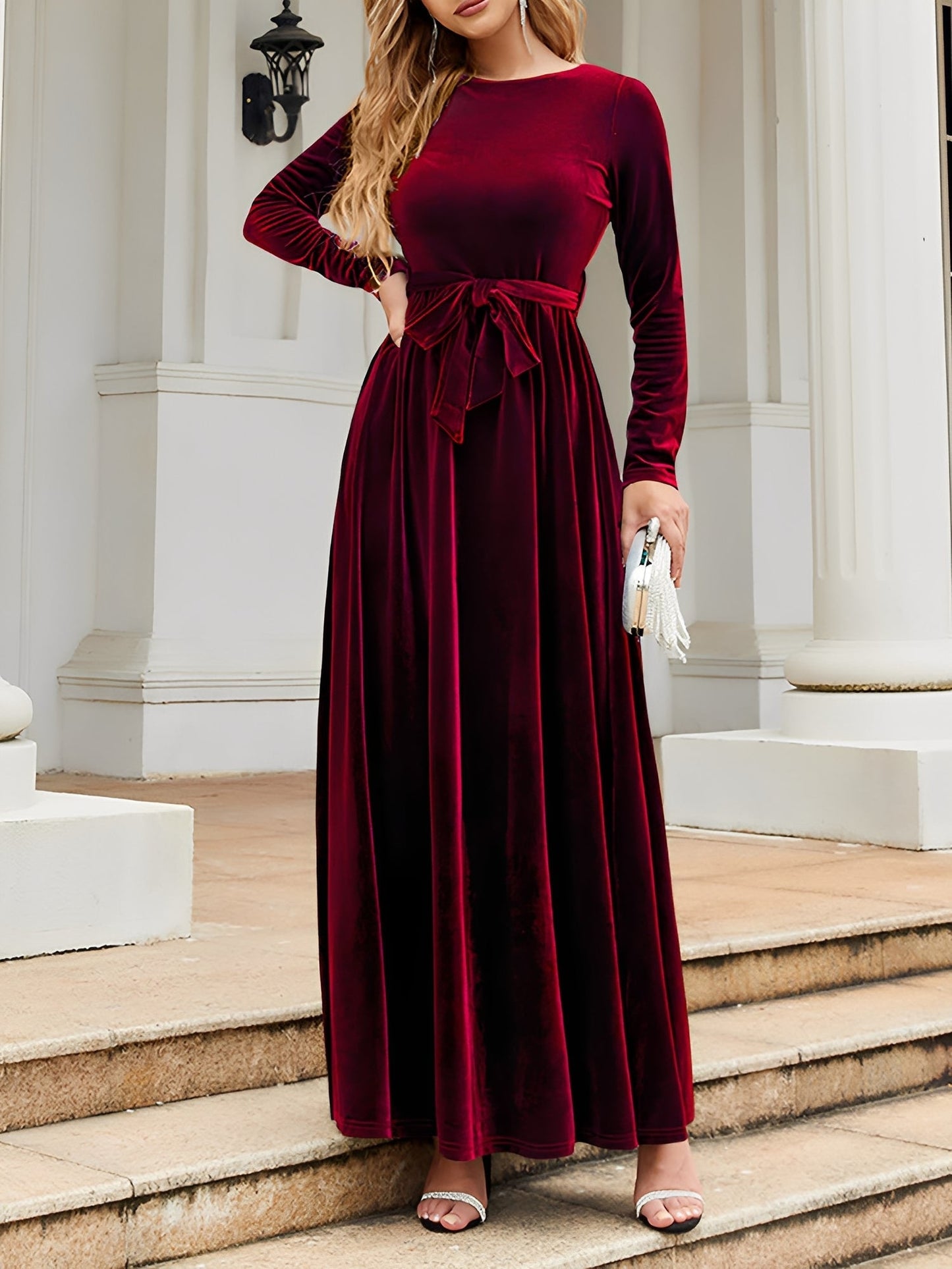 Elegant Velvet Maxi Dress for Women with Boat Neck Long Sleeve Belted Waist Style