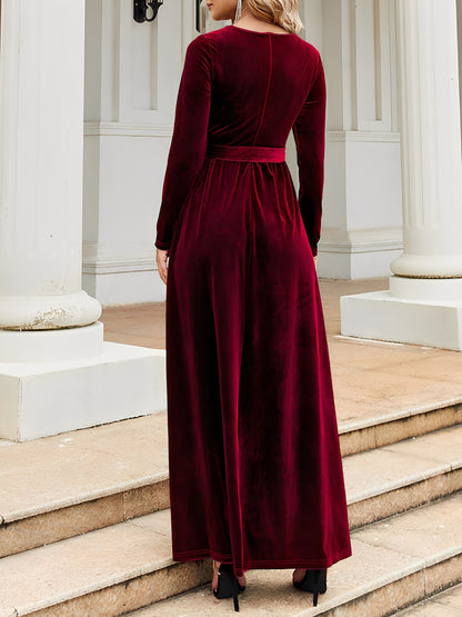 Elegant Velvet Maxi Dress for Women with Boat Neck Long Sleeve Belted Waist Style