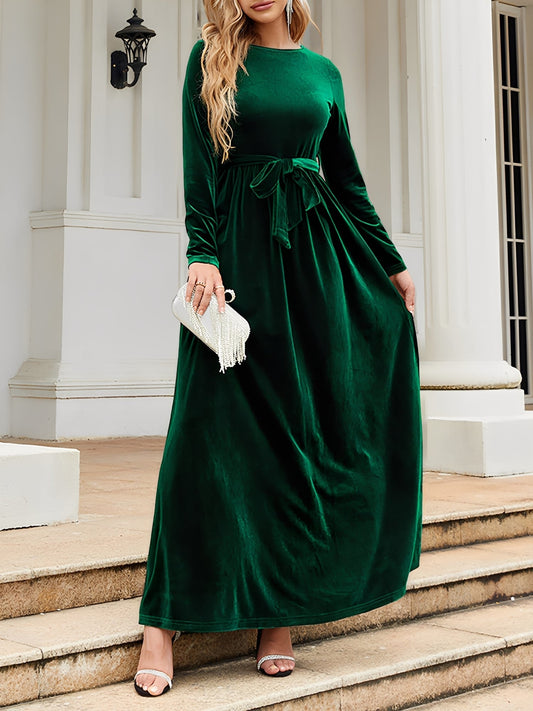 Elegant Velvet Maxi Dress for Women with Boat Neck Long Sleeve Belted Waist Style