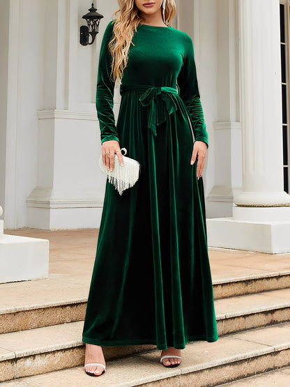 Elegant Velvet Maxi Dress for Women with Boat Neck Long Sleeve Belted Waist Style