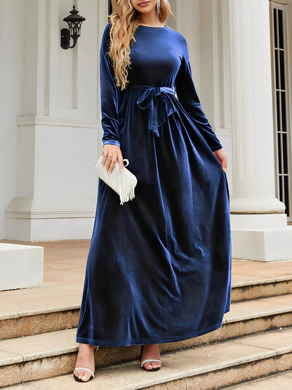Elegant Velvet Maxi Dress for Women with Boat Neck Long Sleeve Belted Waist Style