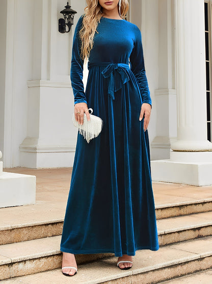 Elegant Velvet Maxi Dress for Women with Boat Neck Long Sleeve Belted Waist Style