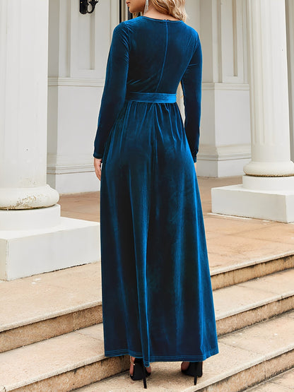 Elegant Velvet Maxi Dress for Women with Boat Neck Long Sleeve Belted Waist Style