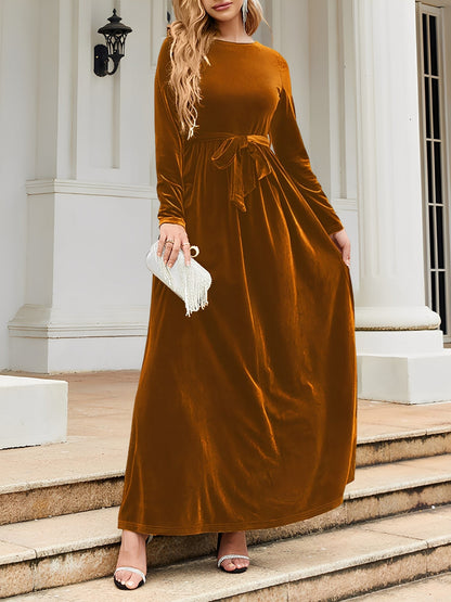 Elegant Velvet Maxi Dress for Women with Boat Neck Long Sleeve Belted Waist Style