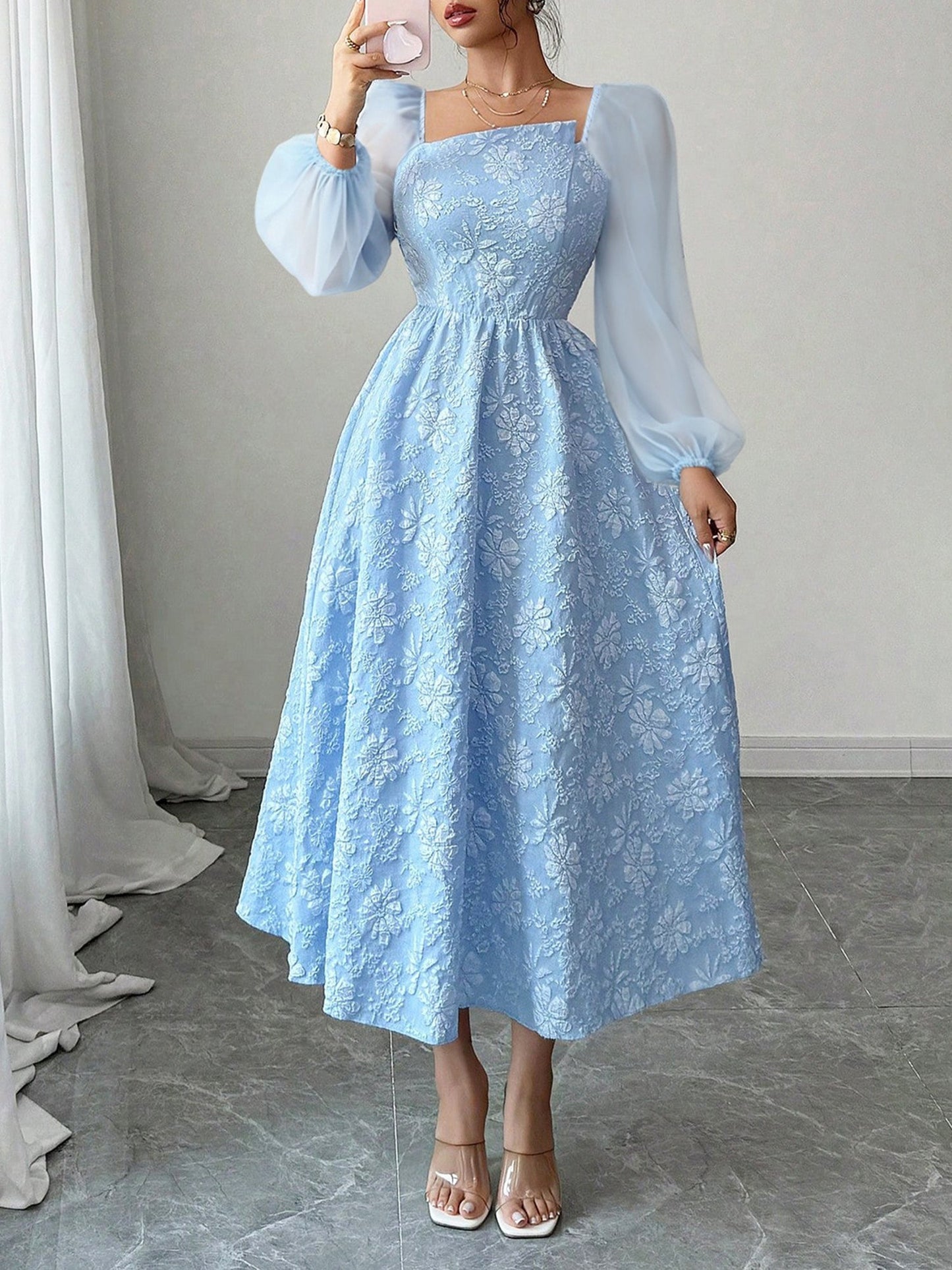 Elegant Puff Sleeve Midi Dress for Women with Square Neck Textured Fitted Style