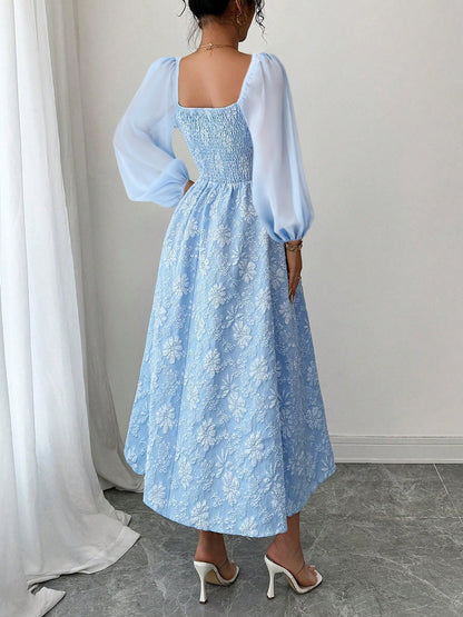 Elegant Puff Sleeve Midi Dress for Women with Square Neck Textured Fitted Style