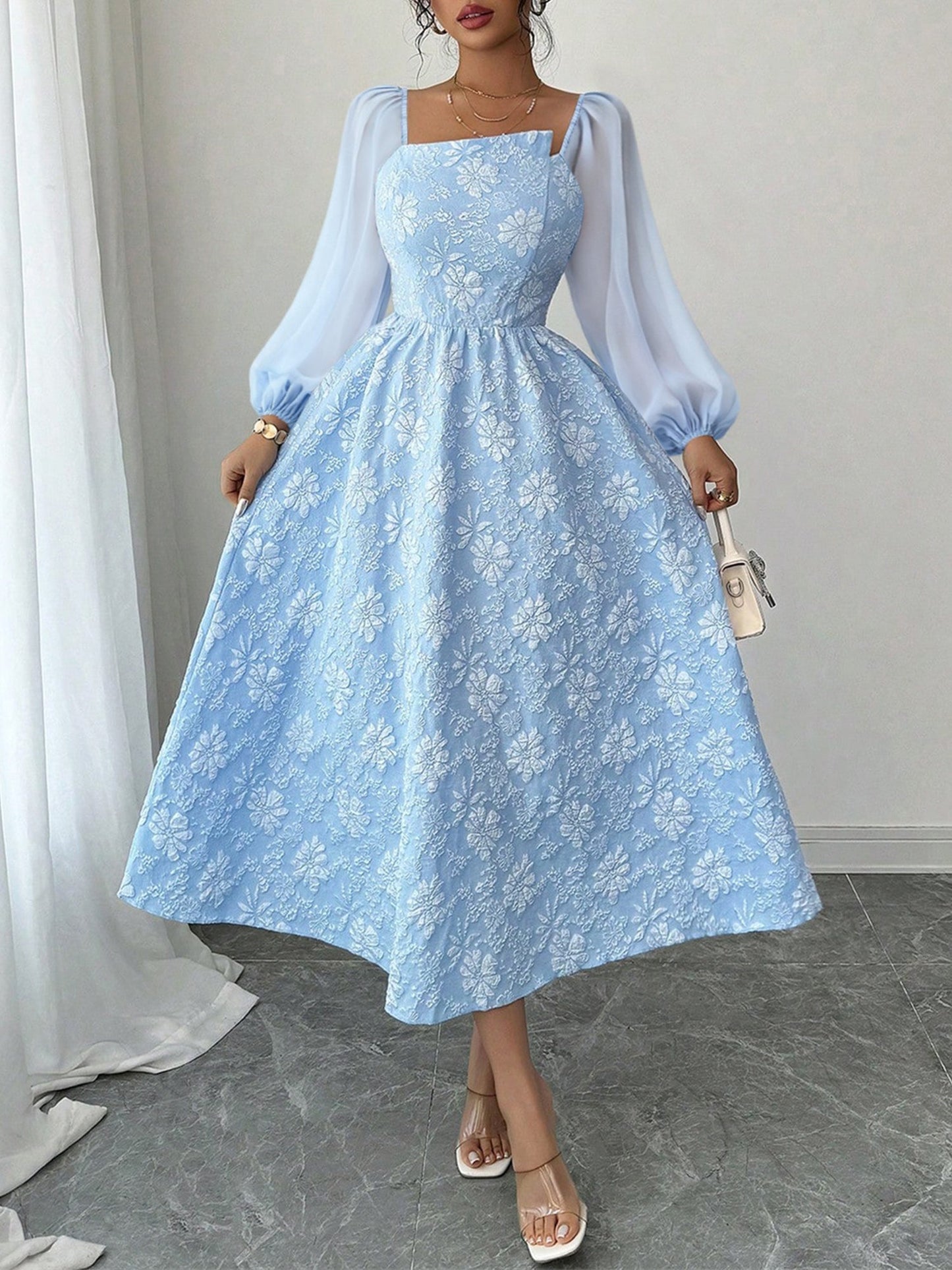 Elegant Puff Sleeve Midi Dress for Women with Square Neck Textured Fitted Style