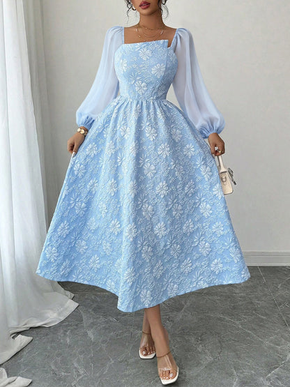 Elegant Puff Sleeve Midi Dress for Women with Square Neck Textured Fitted Style