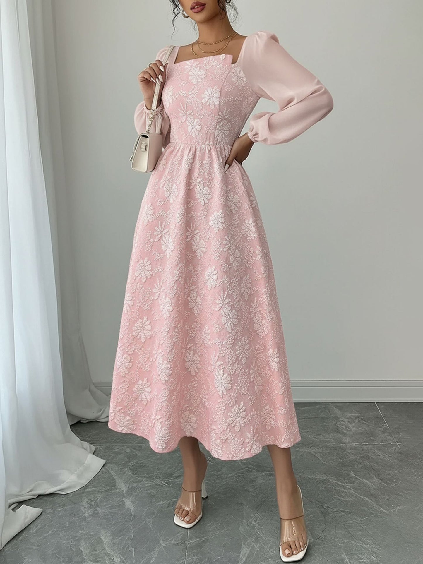 Elegant Puff Sleeve Midi Dress for Women with Square Neck Textured Fitted Style