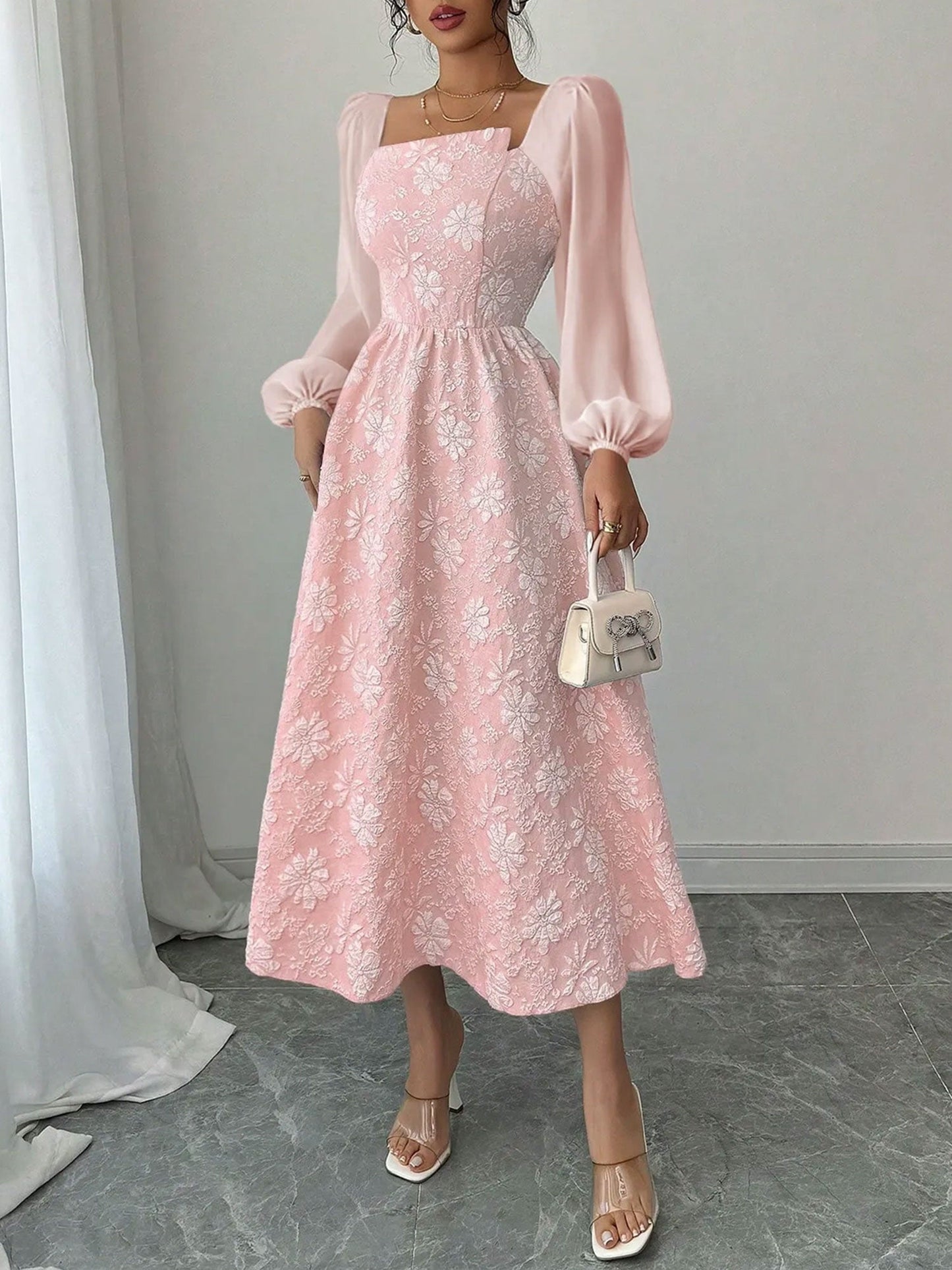 Elegant Puff Sleeve Midi Dress for Women with Square Neck Textured Fitted Style