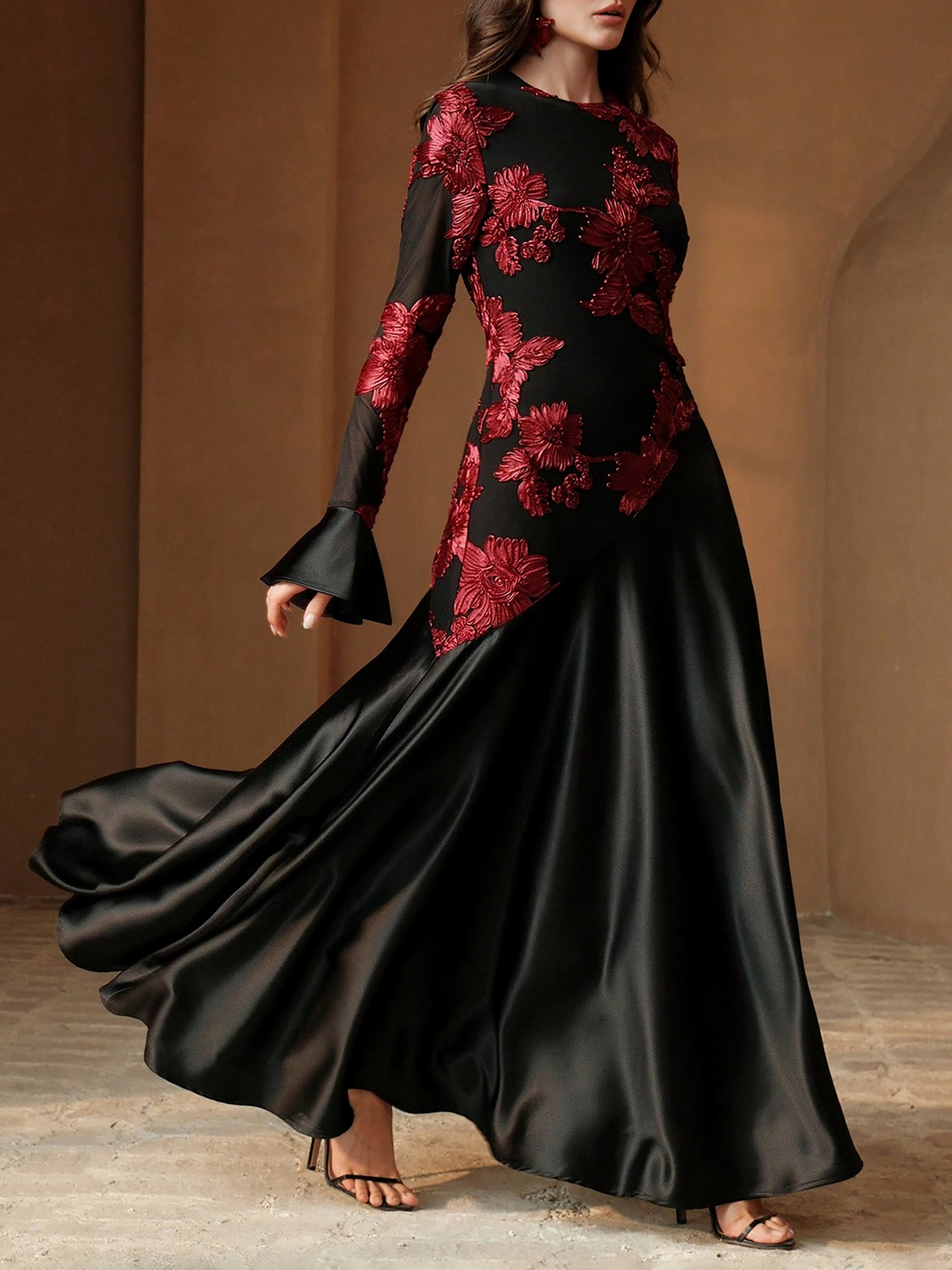 Elegant Black Floral Ball Gown Dress for Women with Long Sleeve Full Skirt Style