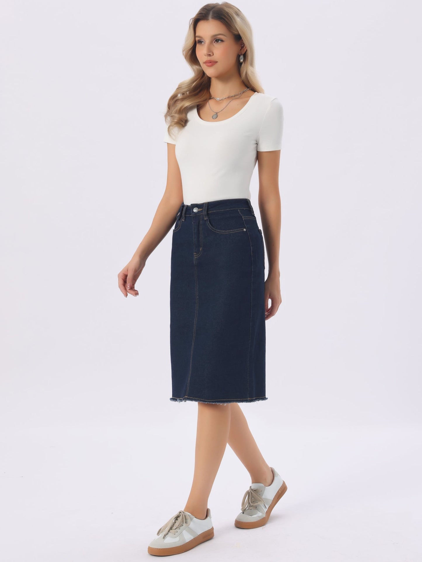 Elegant Denim Midi Skirt for Women with High Waist Fitted Straight Style