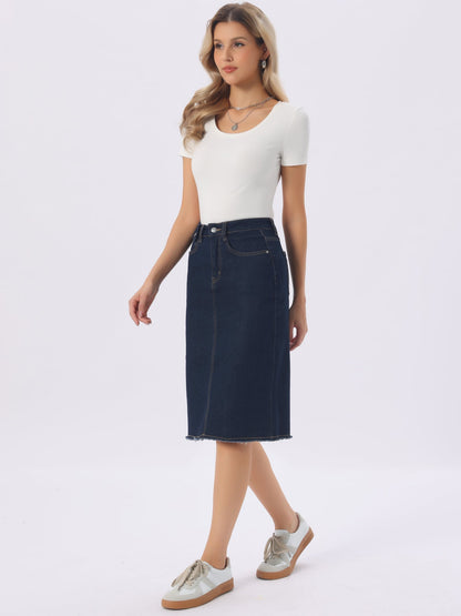 Elegant Denim Midi Skirt for Women with High Waist Fitted Straight Style