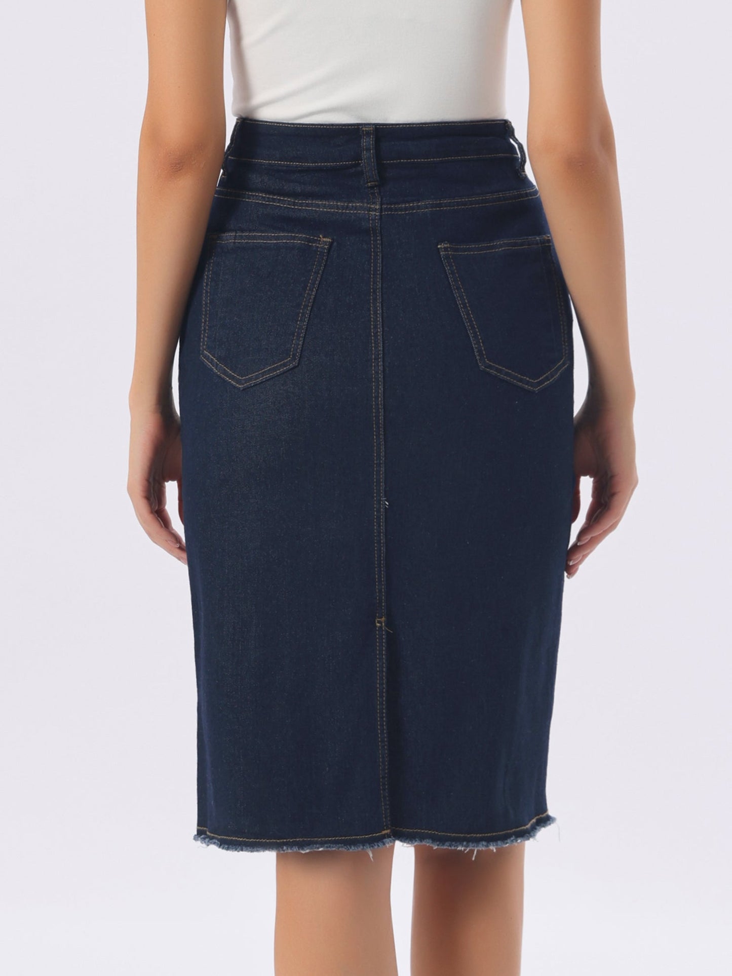 Elegant Denim Midi Skirt for Women with High Waist Fitted Straight Style