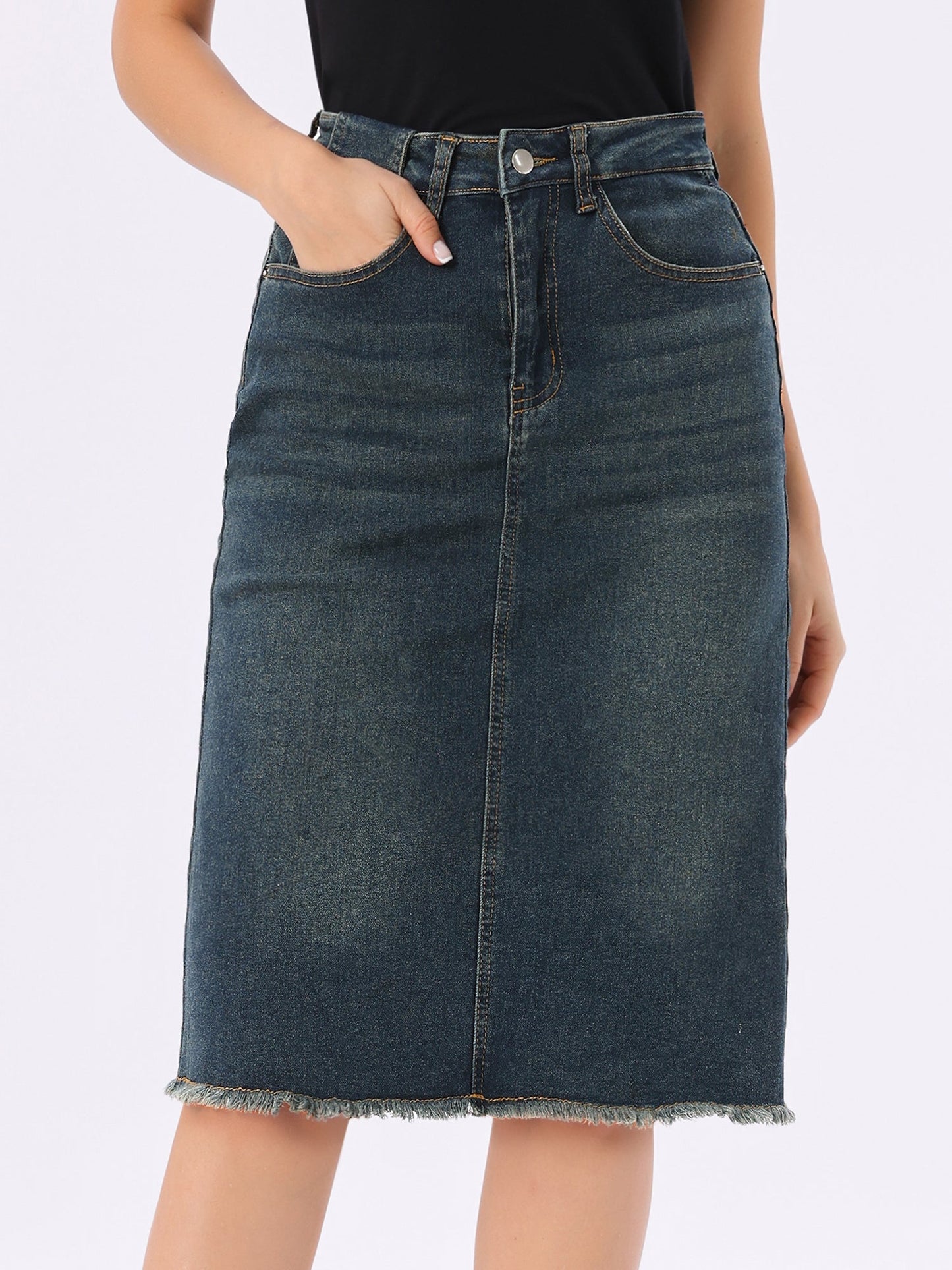 Elegant Denim Midi Skirt for Women with High Waist Fitted Straight Style