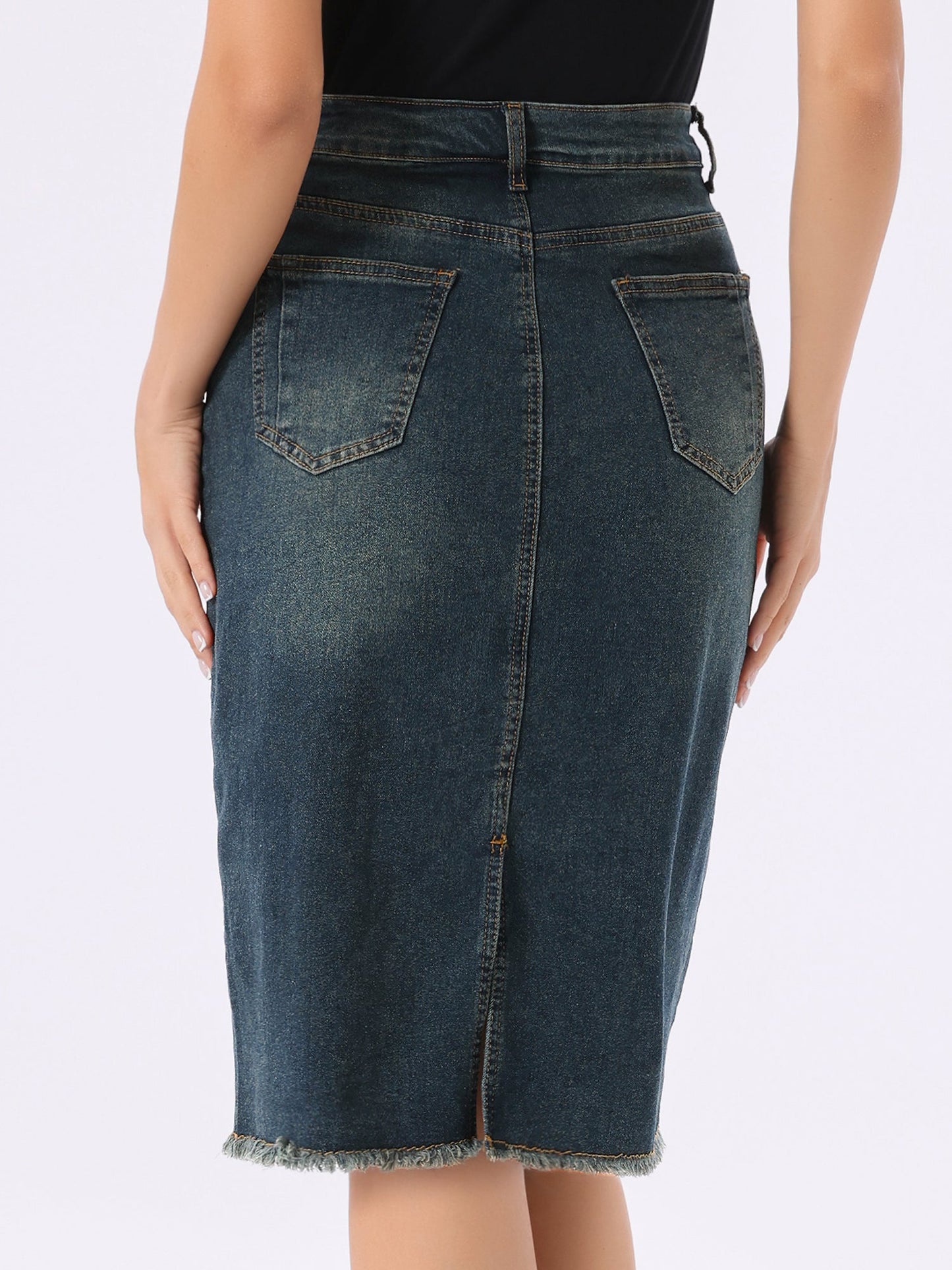 Elegant Denim Midi Skirt for Women with High Waist Fitted Straight Style