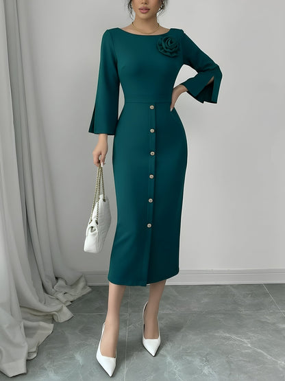 Elegant Bodycon Dress for Women with Round Neck Button Front Elbow Sleeve Style