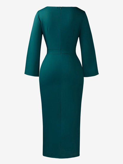Elegant Bodycon Dress for Women with Round Neck Button Front Elbow Sleeve Style