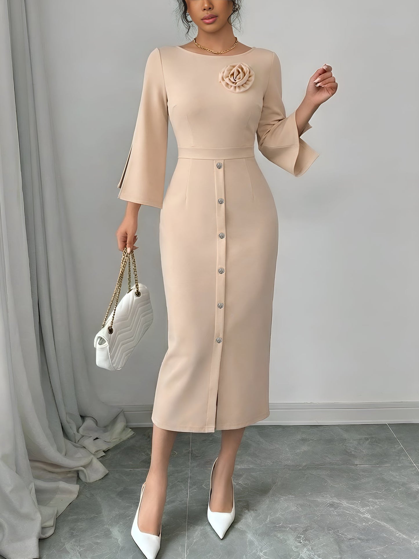Elegant Bodycon Dress for Women with Round Neck Button Front Elbow Sleeve Style