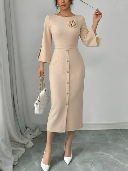 Elegant Bodycon Dress for Women with Round Neck Button Front Elbow Sleeve Style