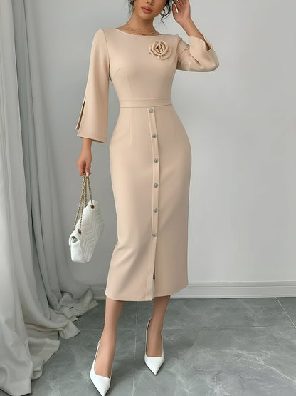 Elegant Bodycon Dress for Women with Round Neck Button Front Elbow Sleeve Style